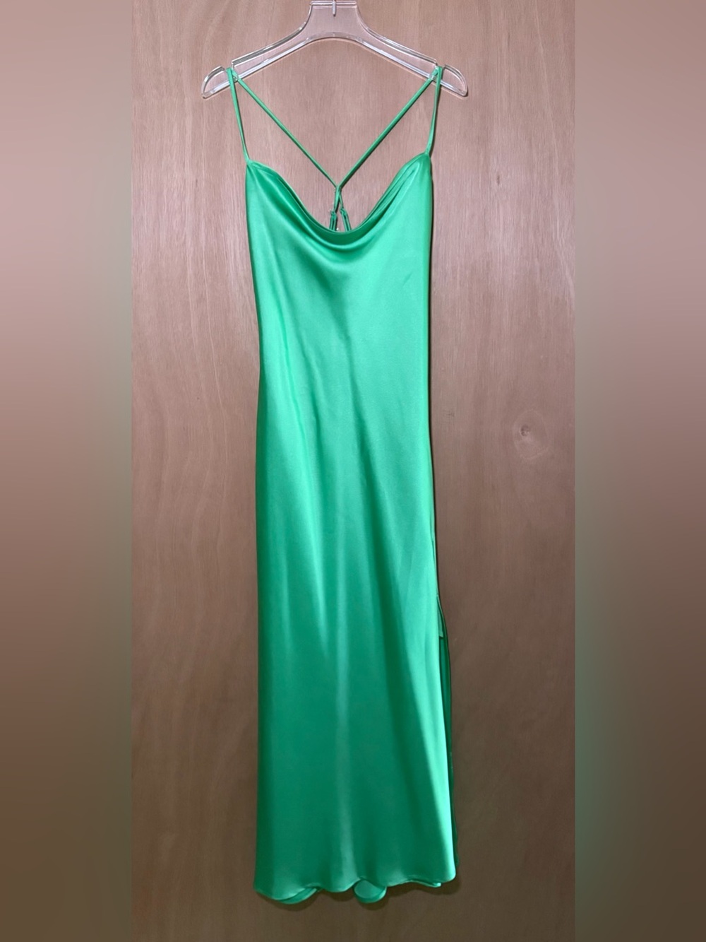 Astr Green Satin Cowl Neck Maxi Slip Dress